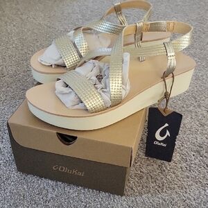 OluKai Gold Sandals with Shimmery Criss-Cross Straps